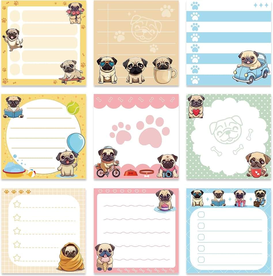 Cute Pug Sticky Notes 3x3 Gifts for Dog Lovers 9-Pack