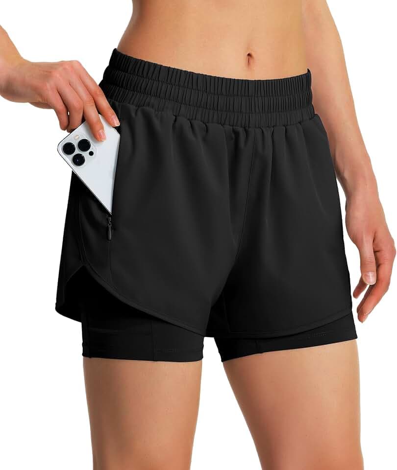 Ksmien Women's 2 in 1 Athletic Running Shorts Quick Dry with Liner