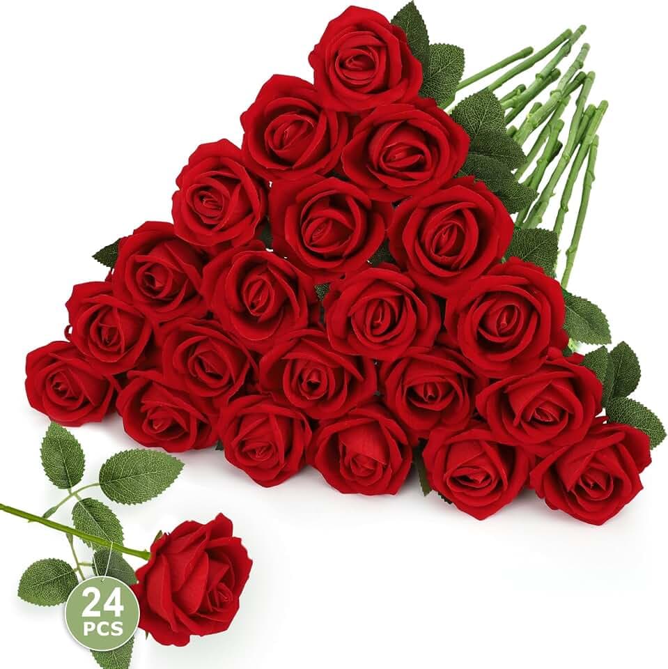 24 Stück Kunstblumen Wie Echt, Samtrote Künstliche Rot Rosen Mit Stiel Und Blättern, Vorgeformter Strauß Für Vase, Hochzeit & Deko
