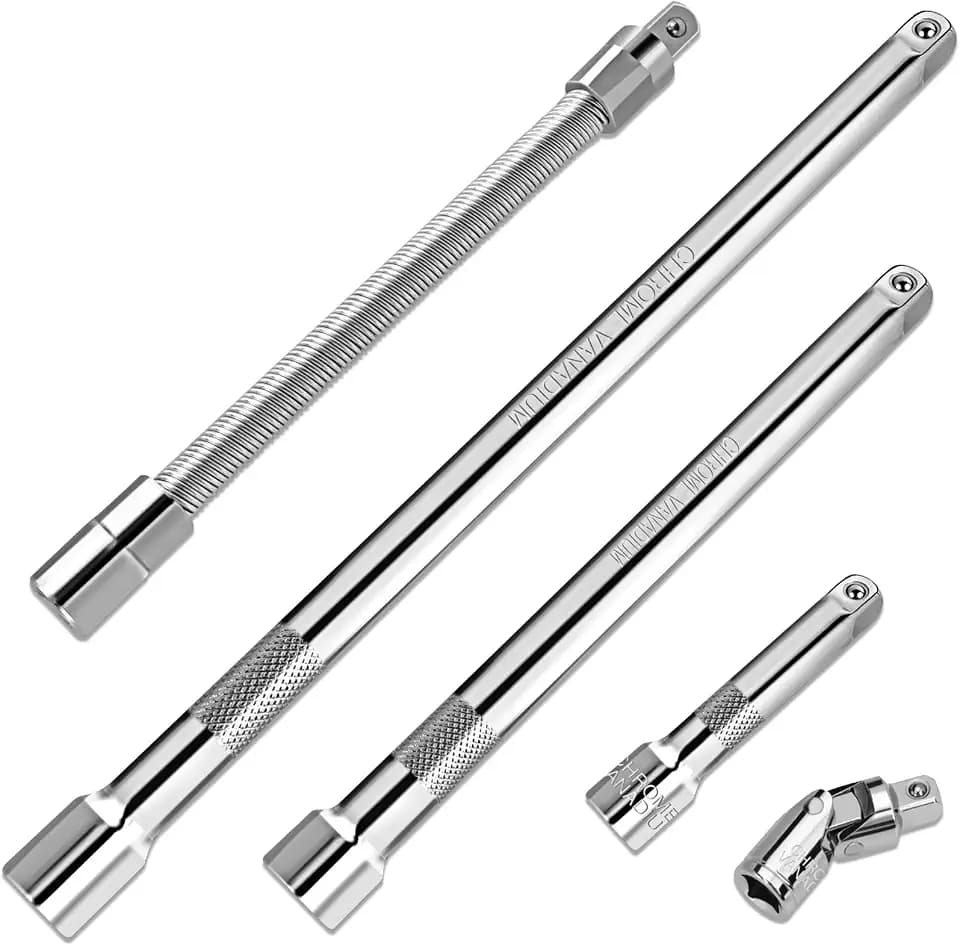 GURADESIGN 5-Piece 3/8 Inch Drive Extension Bar Set, Includes 3, 6, and 10 Inch Extensions, 3/8 Inch Drive Universal Joint Socket and Flexible Socket Extension Bar