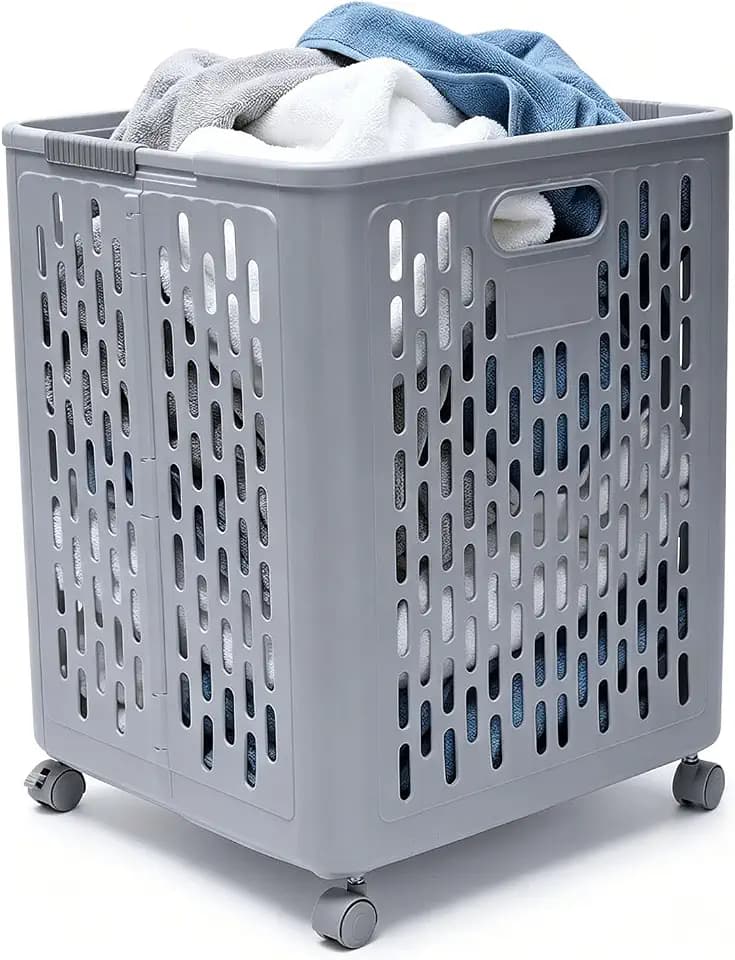 60L Collapsible Laundry Baskets, Plastic Laundry Hamper with Handles, Foldable Laundry Bin, Laundry Basket with Wheels for Laundry Room Organization, Ideal for Clothes, Towels, Blanket, Grey