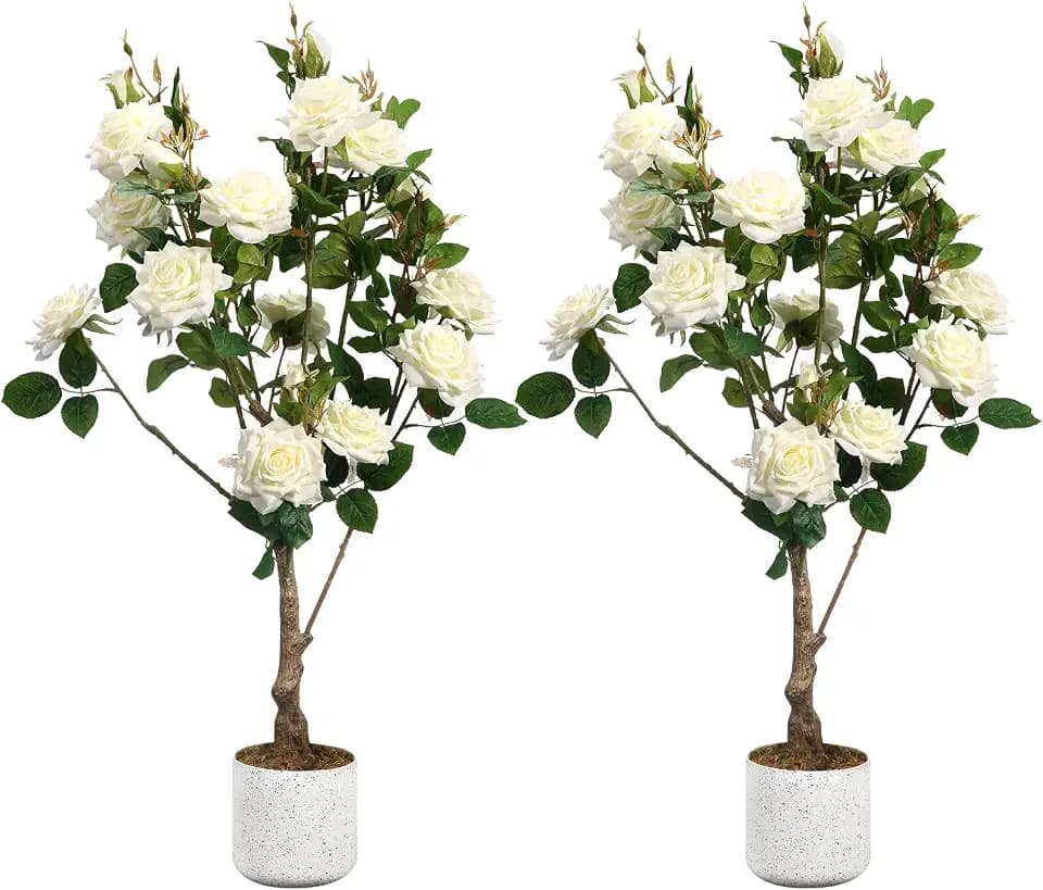 GarveeLife 2 Stück Künstlicher Rosenblütenbaum, Rosa/Weiß, Deko Rosenpflanzen Für Drinnen Und Draußen, 75/80/90/105/120/150Cm Hoch, Künstlicher Baum Mit Natürlichem Holzstamm Und Lebensechten Blumen f