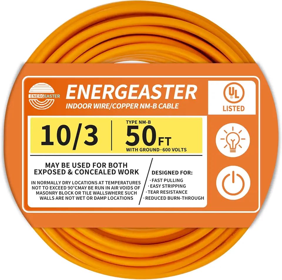 Energeaster Solid Indoor 10/3 NM-B Copper Cable with Ground 50FT, Orange
