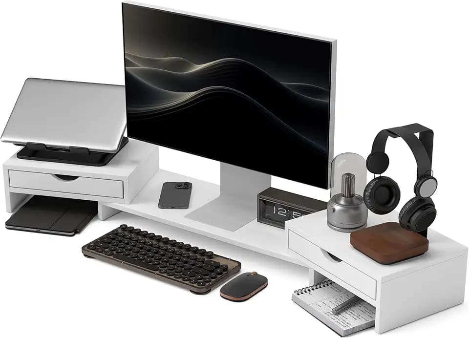 HOMCOM PC-Monitorerhöhung Schreibtisch Monitorständer 60-116 cm Monitorständer mit 2 Schubladen, verstellbare Länge und Winkel für Laptop, PC, Weiß