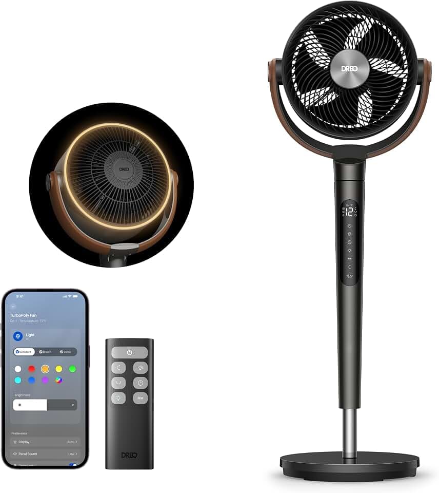 DREO 20dB leiser Smart Standventilatorr für Schlafzimmer mit RGB-LED, 150°+120° Oszillation, 30m Luftumwälzgebläse und 2209m³/h Luftvolume, 12 Geschwindigkeiten, 6 Modi, 94-107cm Höhe, WLAN & Alexa