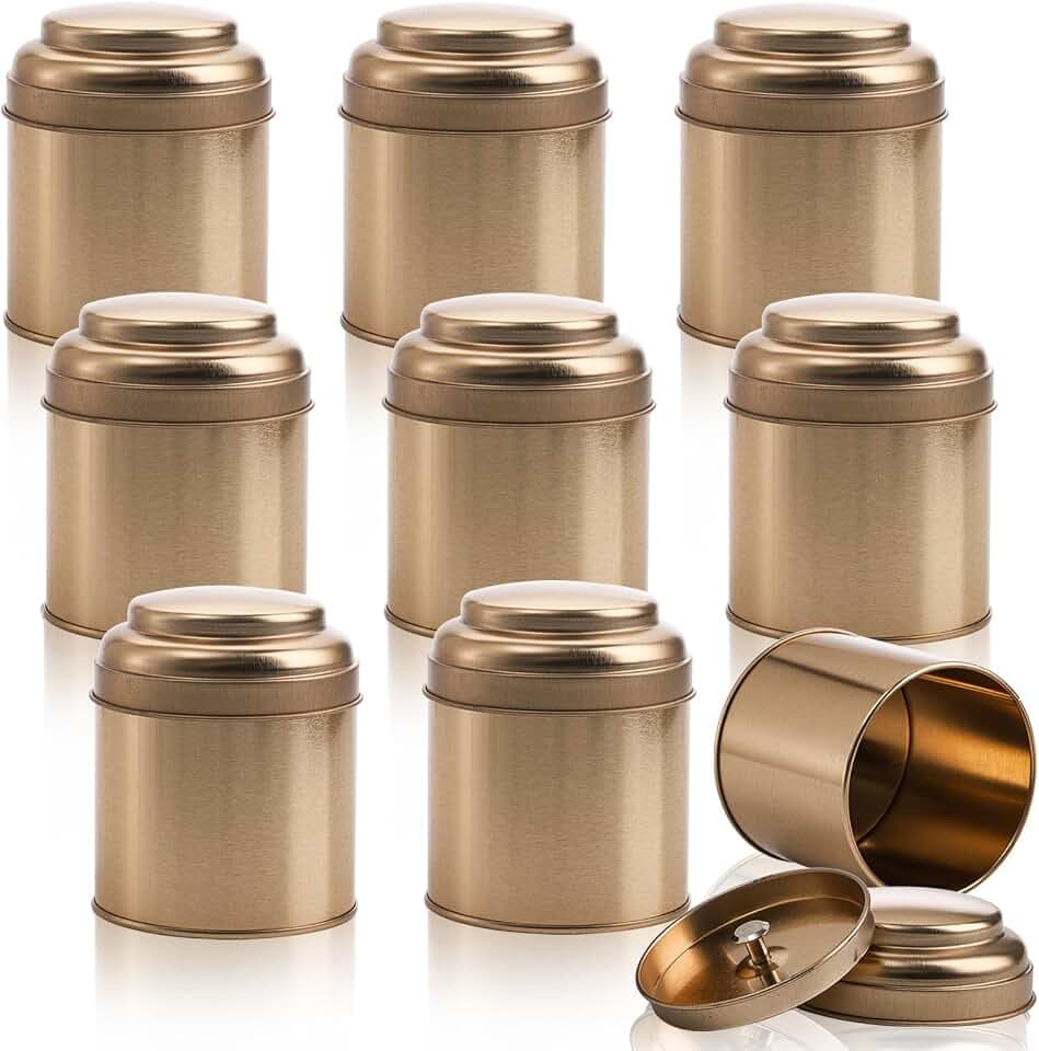 Lawei 9 Pack Tea Tins Canister with Airtight Double Lids, Mini Tea Storage Containers Round Tin Can Box for Storage Tea Coffee Sugar Loose Leaf, 8 Fluid Oz, Rose Gold
