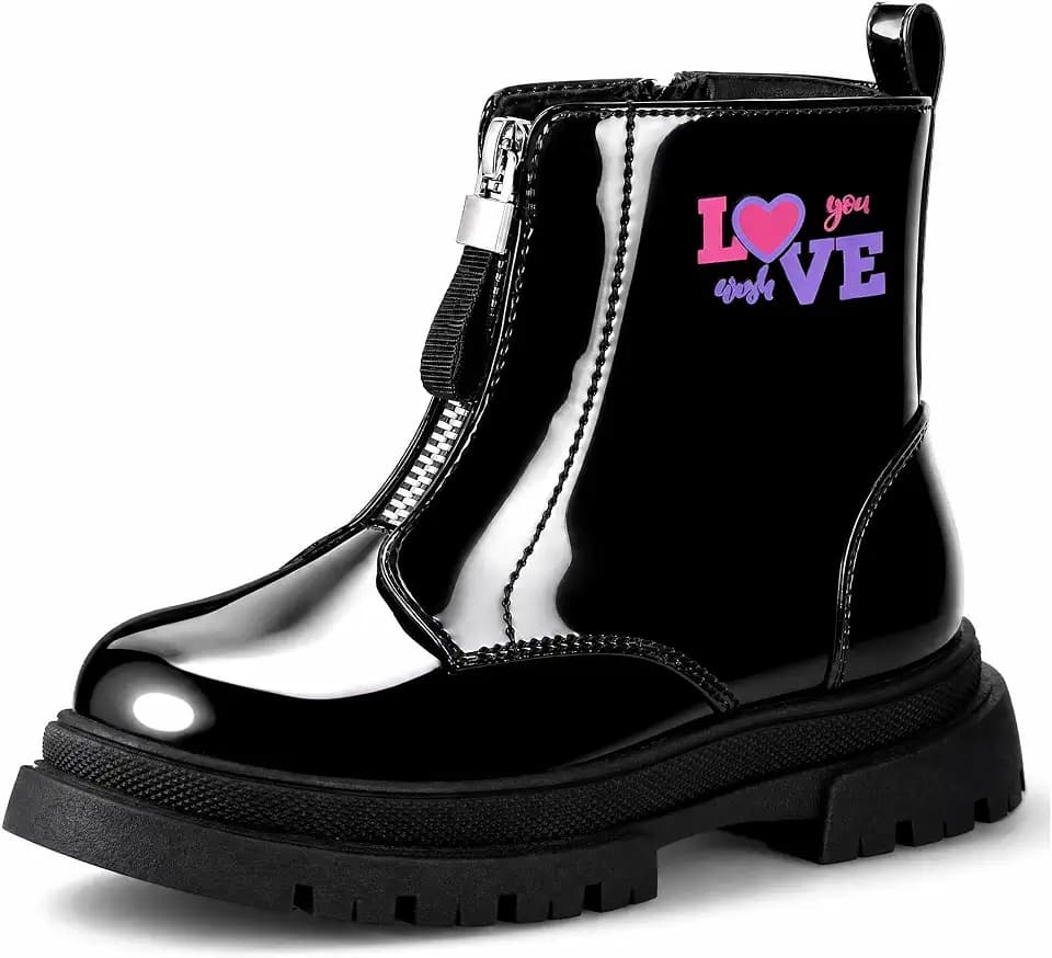 Girls Black Combat Ankle Boots Glitter with Front & Side Zippers