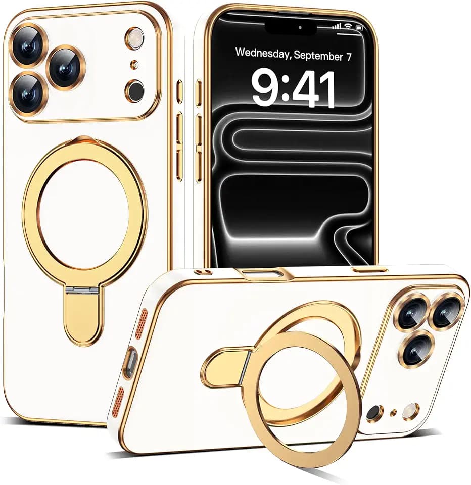 Plating Phone Case for iPhone 17 Pro with Stand 6.3", White