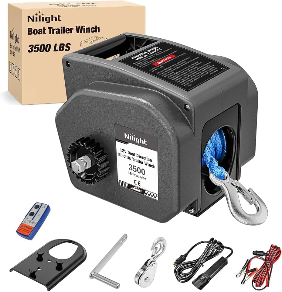 Nilight Boat Trailer Winch 3500 lbs Portable Electric Boat Winches 12 V DC Marine Winch with Synthetic Rope Remote Control Hand Crank Power-in Freewheel Waterproof Winch for Boat Trailer Towing, Gray