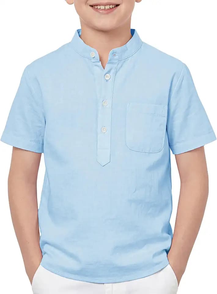 AOTIK Boys Linen Henley Shirt Short Sleeve Button Up Casual Dress Shirts