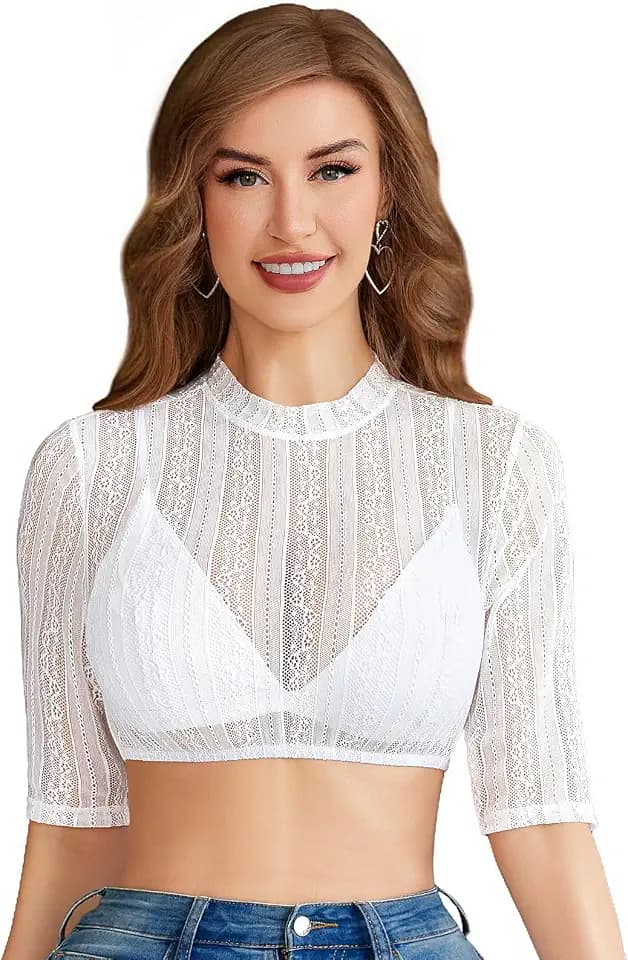 Funspread Damen Dirndl Bluse Spitze - Dirndlbluse Weiß Hochgeschlossene Langarm Trachtenbluse