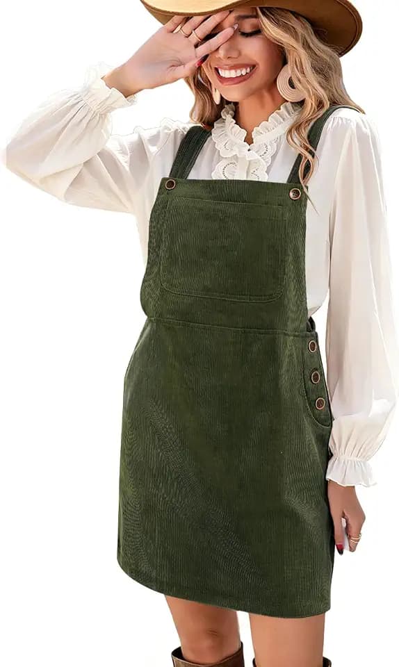 Latzkleid Damen 100% Baumwolle Cordkleid mit Knopfdesign Latzrock verstellbare Träger Kleider Lässiger Lockerer