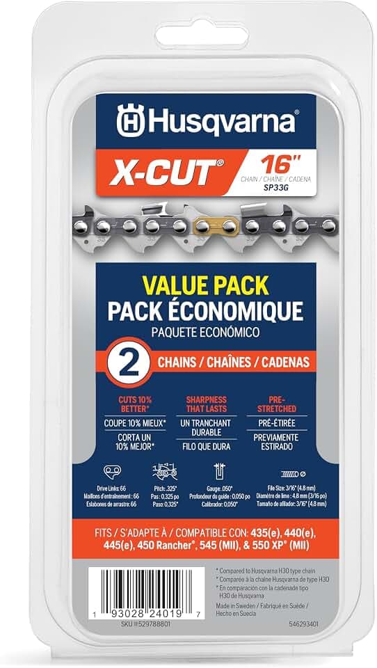 Husqvarna X-Cut SP33G 40,6 cm Kettensägenkette, 2 Stück, 825,5 cm Teilung, 127 cm Stärke, 66 Treibglieder, vorgedehnt und geringer Rückschlag, Grau