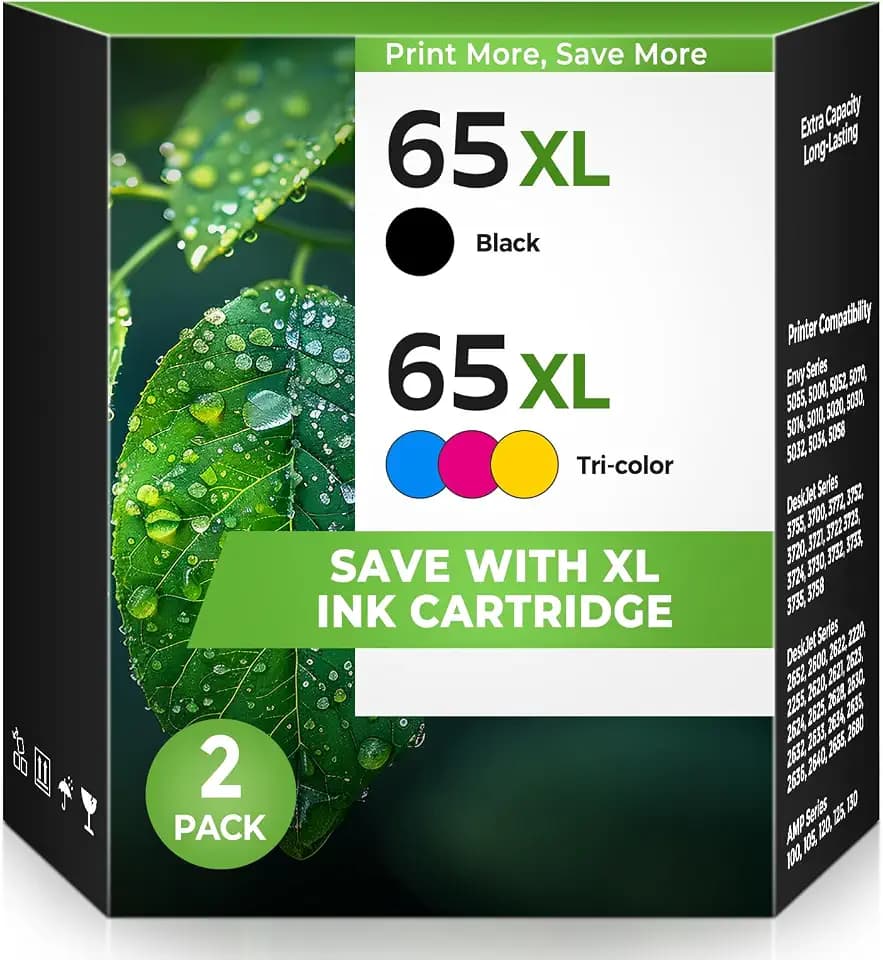 65XL 65 Ink Cartridges Black/Color Combo Pack for Envy 5055 DeskJet 3755 Compatible for HP 65XL 65 XL HP65 Ink Cartridge for HP Printers for Envy 5000 5052 DeskJet 3700 3772 2652 2600 Printer, 2-Pack