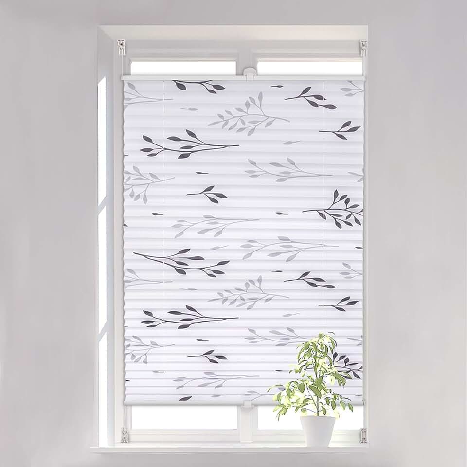 WOLTU Plissee ohne Bohren Klemmfix, Zweigmotiv, 90 x 130 cm, Grau