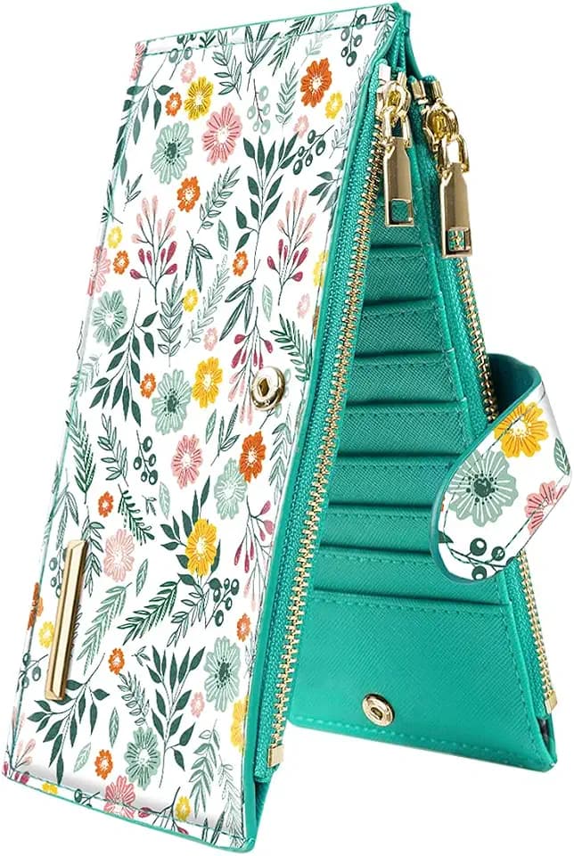 Coco Rossi Green Daisy Womens Wallet RFID Blocking Leather Bifold Purse