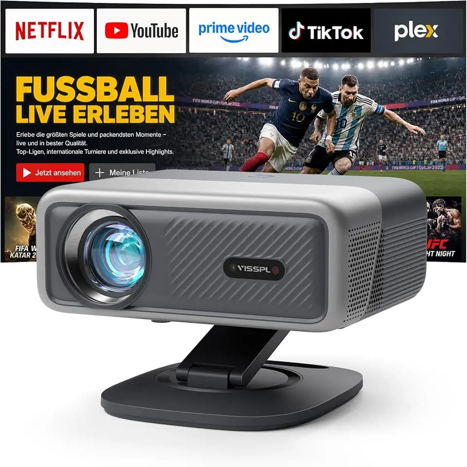Smart Beamer 4K 【Offiziell APPs & Dolby Audio】 3500 ANSI Video Projektor, Autofokus&Trapezkorrektur, VISSPL 1080P Full HD WiFi6 Bluetooth Heimkino/Outdoor Beamer mit 360°-Halter, für Handy/PC
