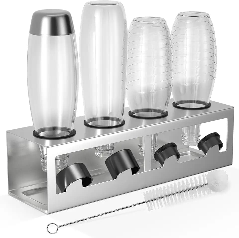 HOMMAND Flaschenhalter für SodaStream Crystal und Emil Flaschen, Edelstahl Flaschenhalter Abtropfgestell Abtropfständer für 4 Flaschen, mit Silikonschutzringe, Abtropfschale und Deckelhalter Silber