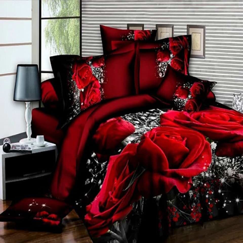 4 STÜCKE Bett Set mit 3D Große Rote Rose Floral Bettwäsche sets Hochzeit Bettbezug Blatt Kissenbezüge