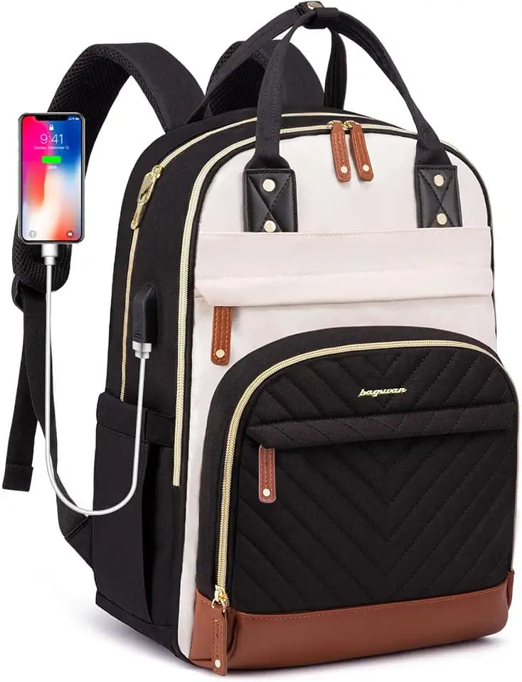 Laptop Backpack for Women Work Bookbag: 18 Inch College Backpacks with USB Charger School Book Bag Waterproof Travel Back Pack Anti-Theft Casual Bookbags for Girls Teacher Nurse Beige Black Brown