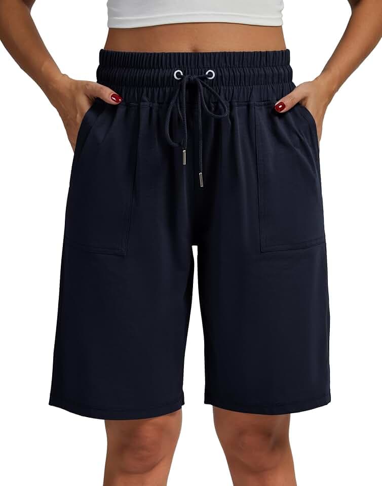 Women's Bermuda Shorts 10" Long High Waisted Comfy Jersey Knee Length Shorts with Pockets for Athletic Casual Wear