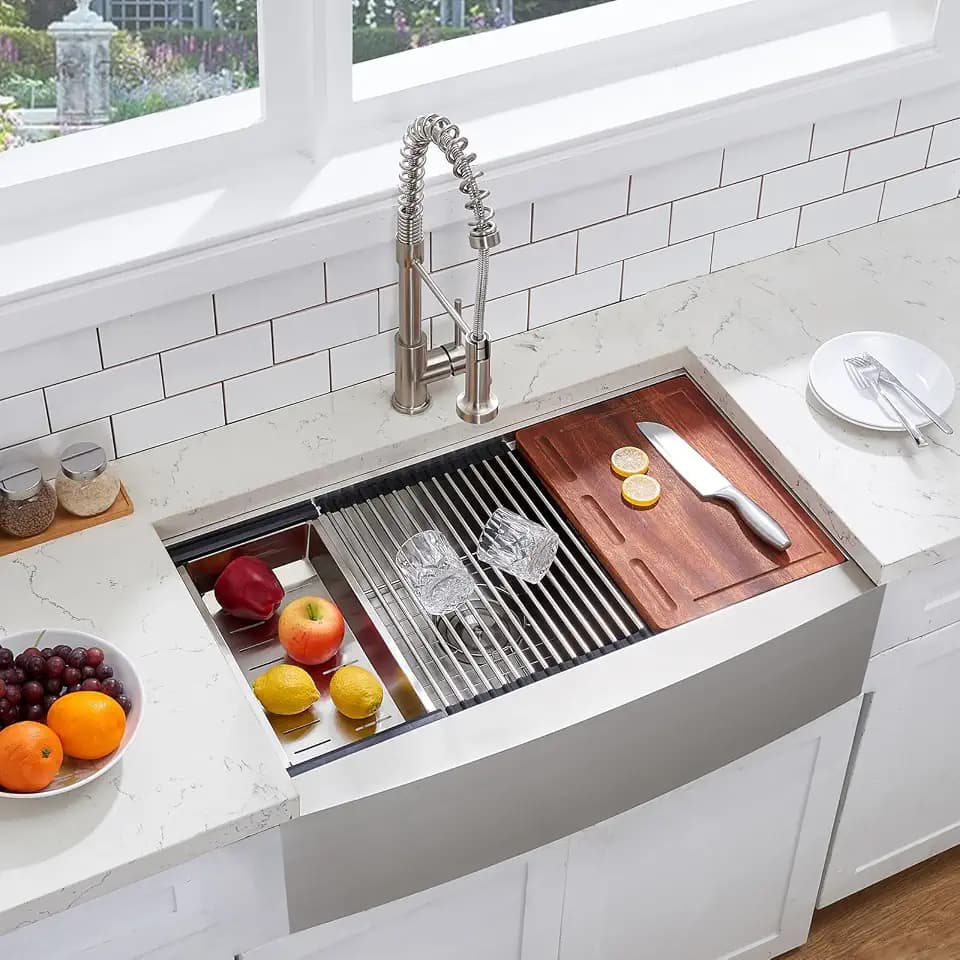 33 Inch Farmhouse Sink, 33x20 Brushed Nickel Stainless Steel Undermount Single Bowl Apron Front Handmade 16 Gauge 9" Deep Farm Kitchen Sink Workstation with Accessories