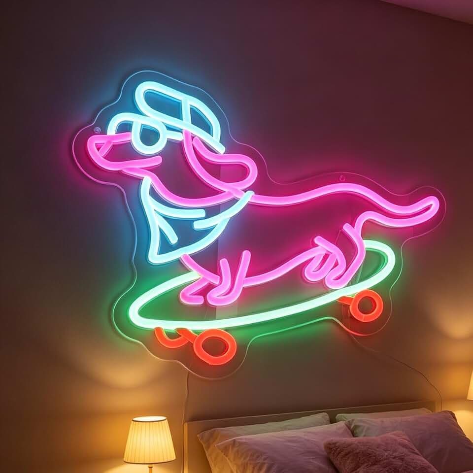 Dackel-Hunde-Skateboarding-Neonschild, Skateboard-Dackel-LED-Schild, Hundeskateboarder, LED-Licht, Skateboard-Spieler, Neonlicht, Kinderzimmer, Spielzimmer, Wandkunst, Weihnachten, Geburtstagsgeschenk