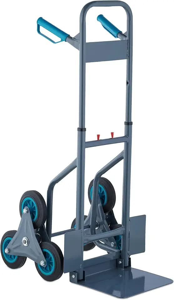 Relaxdays Treppensackkarre, klappbare Treppenkarre, bis 200 kg, Sackkarre Treppensteiger, höhenverstellbar, grau/blau