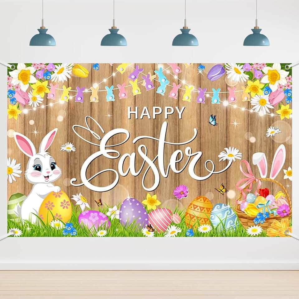 6x3.6ft Happy Easter Backdrops Photography Banner Decorations Bunny Grassland Rustic Wood Background Eggs Banner for Jesus Easter Spring Party Decorations