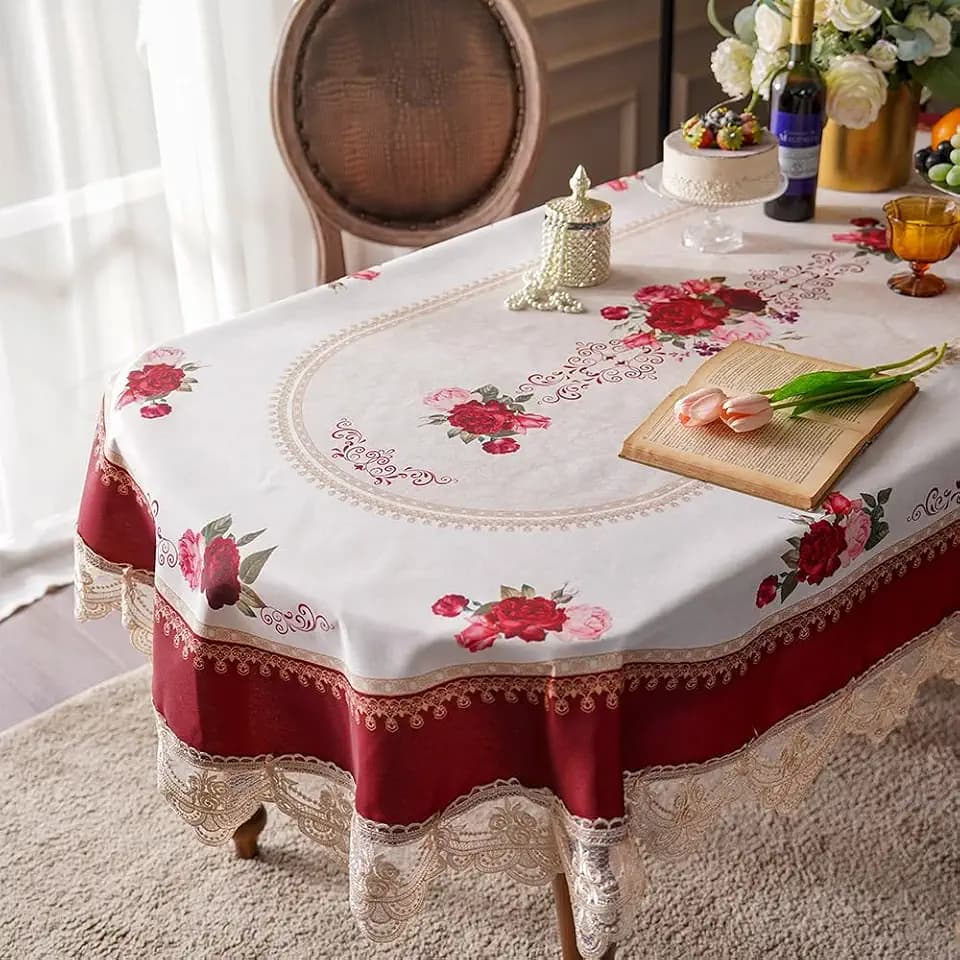 SUTAVIA Tablecloth 52"x70" Oval Burgundy Waterproof Fabric Embroidery Lace