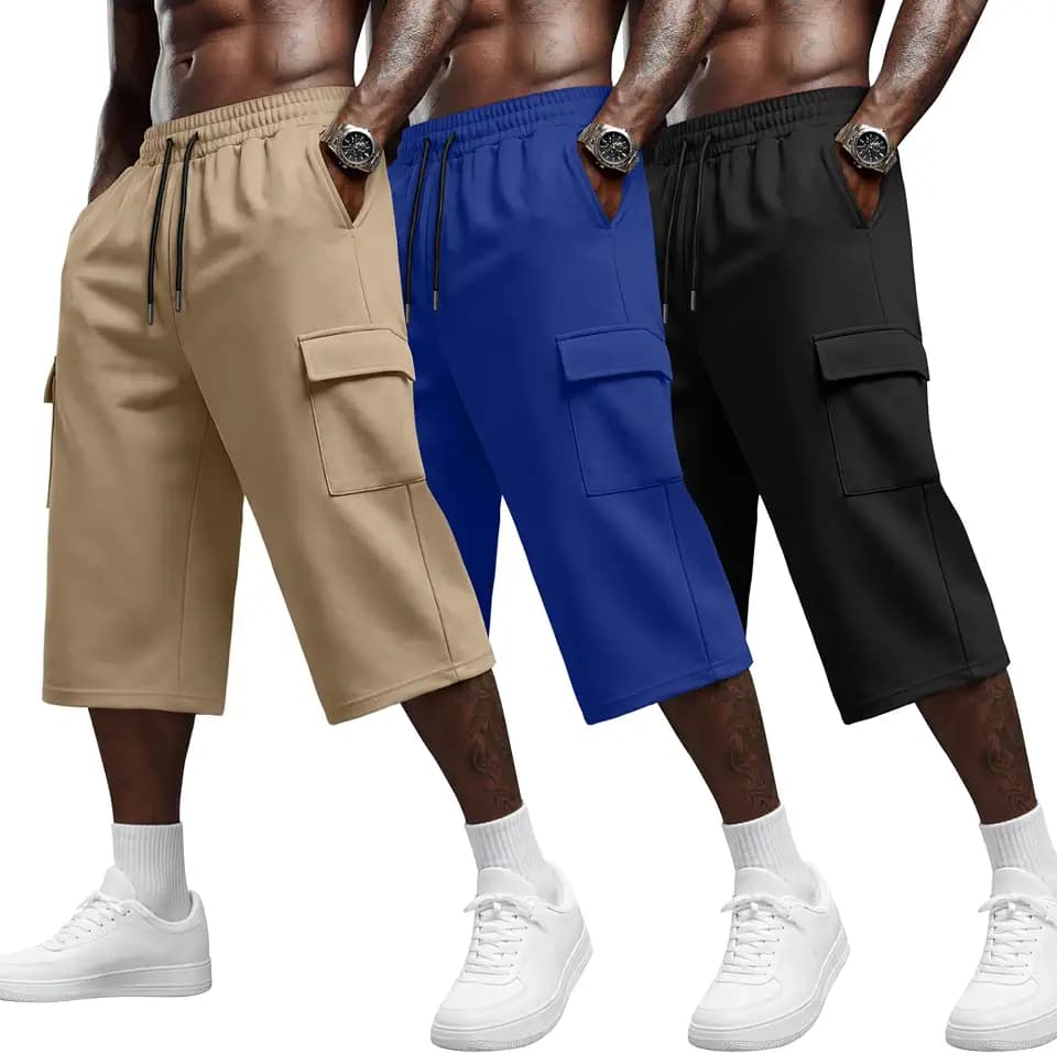 Neer 3 Pack Men's Capri Cargo Shorts 3/4 Baggy Below Knee Pants