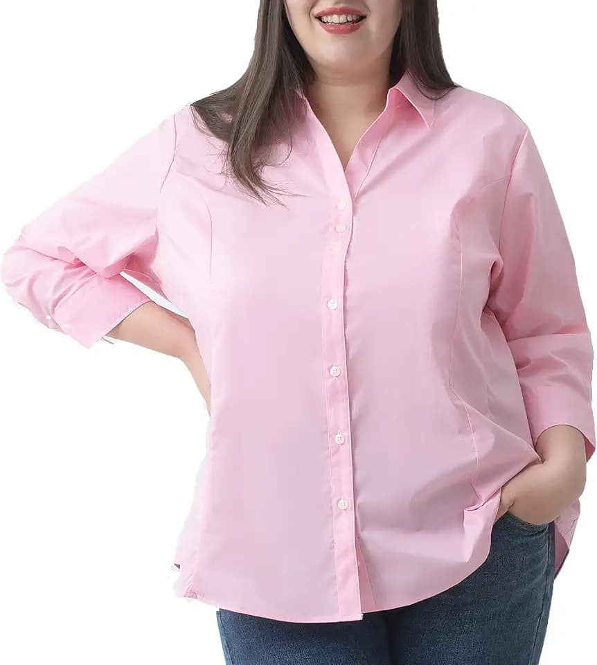 Plus Size 3/4 Sleeve Shirts for Women Button Down Shirts V Neck Women Blouses Tops Business Casual Stretch Shirts