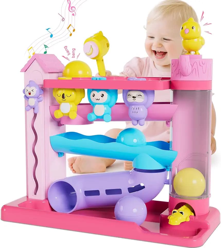 VOILBTOY Musical Toy for 1-2 Year Old Girls,Educational Toys,Ball Drop Toy with English & Spanish,Fine Motor Toys for Kids 1-3,Birthday Gift for 1+ Year Old Girl (Pink)