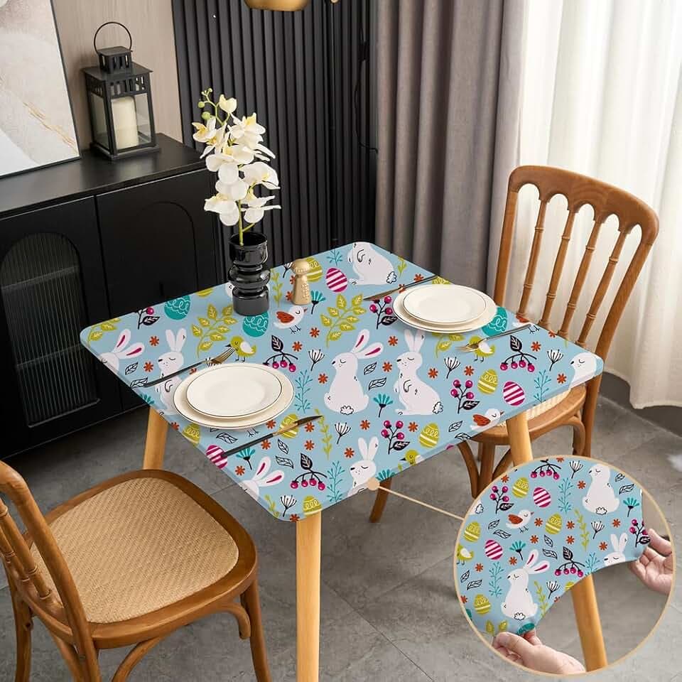 Easter Light Blue Small Square Tablecloth 34x34 Inch Stretchy Fabric Fitted Table Cloth for Folding Card Table Cover Wrinkle Free Washable Non Slip Rabbit and Eggs