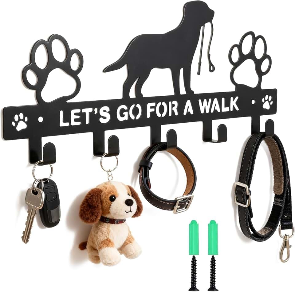 Hundegarderobe mit 5 Haken und "LET'S GO FOR A WALK" Aufschrift, Metall Schlüsselhalter und Leinenhalter Wand, Dekorativer Wandhaken für Hundeaccessoires, Kleiderhaken für Flur, Bad, Schlafzimmer, Küc