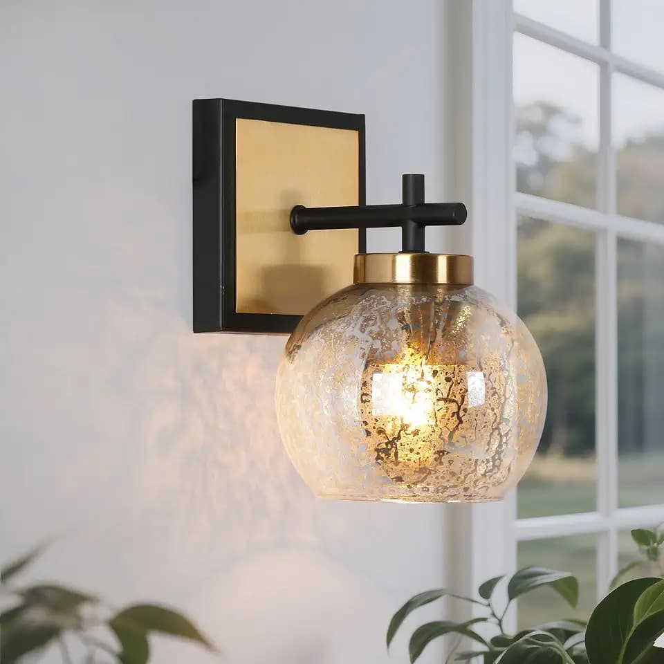 KSANA Black and Gold Sconce, Modern Globe Wall Sconces Lighting with Mercury Glass and Brass Finish for Bathroom, Bedroom, Hallway and Living Room