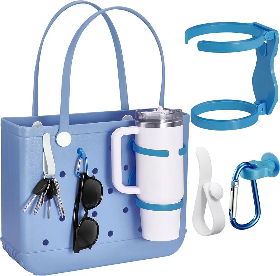 Accessories for BOGG Bag, Foldable Cup Holder for 30oz 40oz Stanley Cup, Adjustable Drink Water Bottle Holder Only for BOGG Bag, Insert Charm Carabiner Key Holder Hooks for Tote Bag (Blue)