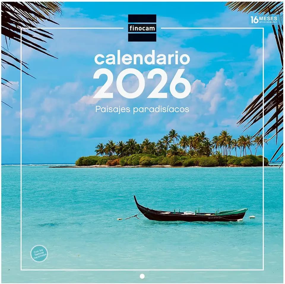 Finocam Wandkalender 2026, 30 x 30 cm, Monatsansicht Januar - Dezember 2026 + Sep. - Dezember 2025 (4 Monate), Kalender 2026, Paradiesische Landschaftsbilder - Spanisch