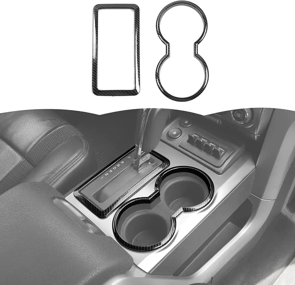 RT-TCZ Cup Holder Cover Gear Shift Frame Cover Trim Kit Decor Interior Accessories for Ford F150 Raptor 2009-2014 (Black Carbon Fiber)