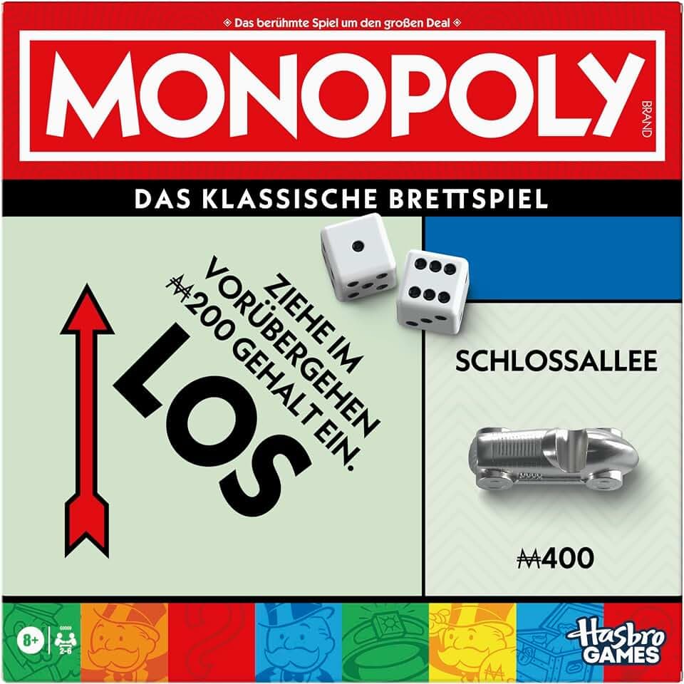 Monopoly Brettspiel, klassisches Spiel mit Aufbewahrungsfach und größeren Spielfiguren, Familienspiel, ab 8 Jahren - Deutsche Version