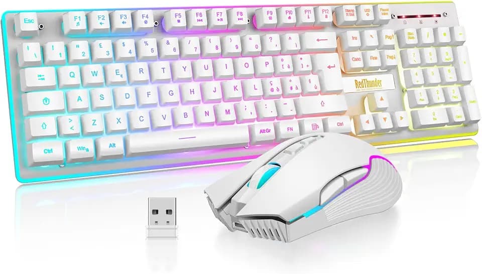RedThunder K10 Kabellose Gaming-Tastatur und -Maus, LED-Hintergrundbeleuchtung, wiederaufladbarer Akku mit 3800 mAh, mechanisches Gefühl, Anti-Ghosting + 7D 3200 DPI-Maus, IT-Layout, PC-Spieler, weiß