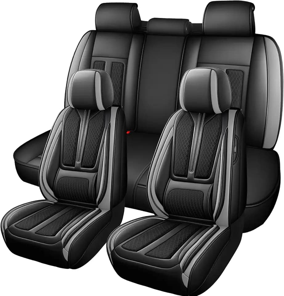 Seat Covers Full Set,Nappa Leather Car Seat Covers for Front and Back,Waterproof Universal Fit Car Seat Cushion,Automotive Seat Protector for Most Sedans SUV Pick-Up Truck Sedans，Black&Grey