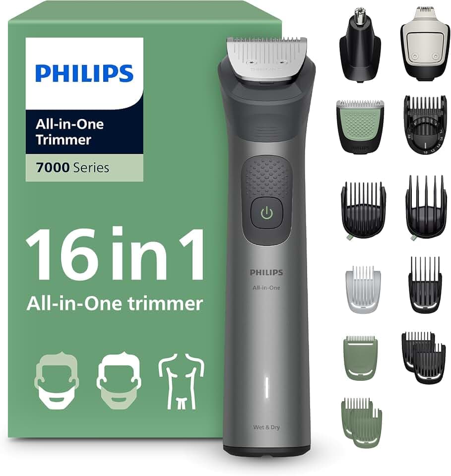 PHILIPS Multigroom Series 7000 All-in-One 16-teiliger Barttrimmer und Haarschneider für Gesicht, Kopf und Körper, selbstschärfende Metallklingen, 21 Längeneinstellungen (0,5-16 mm), Modell MG7931/15