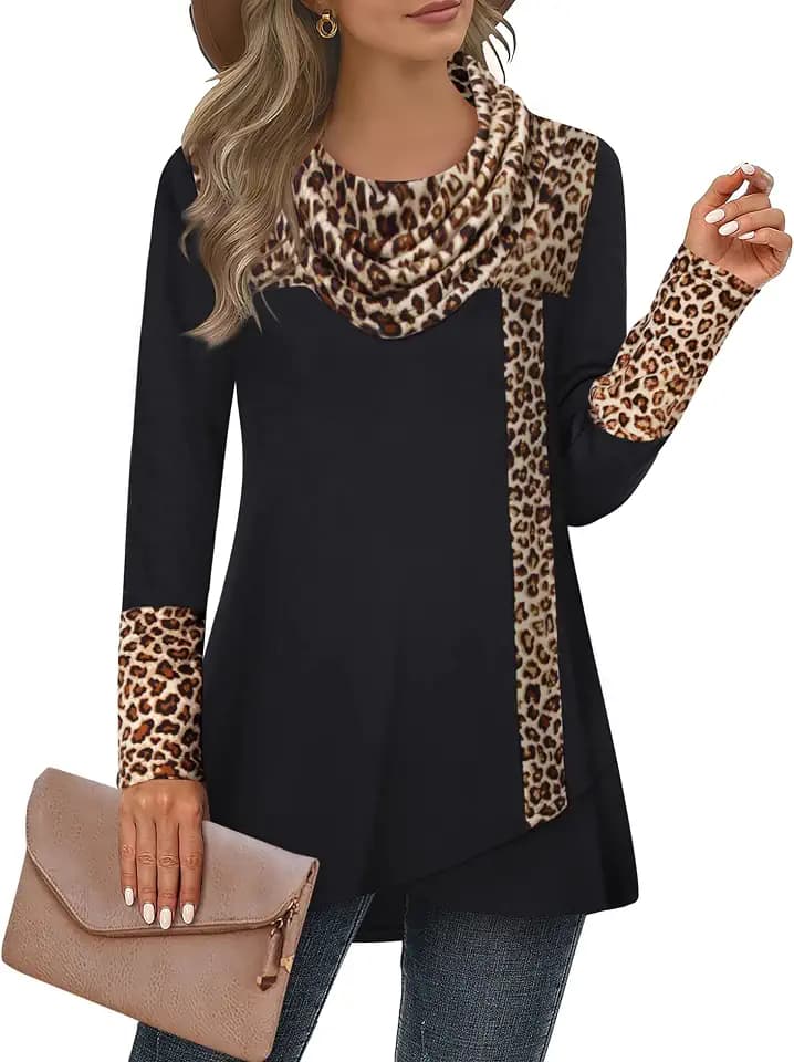 Furnex Women's Long Sleeve Cowl Neck Tunic Top Casual Pullover Sweatshirt