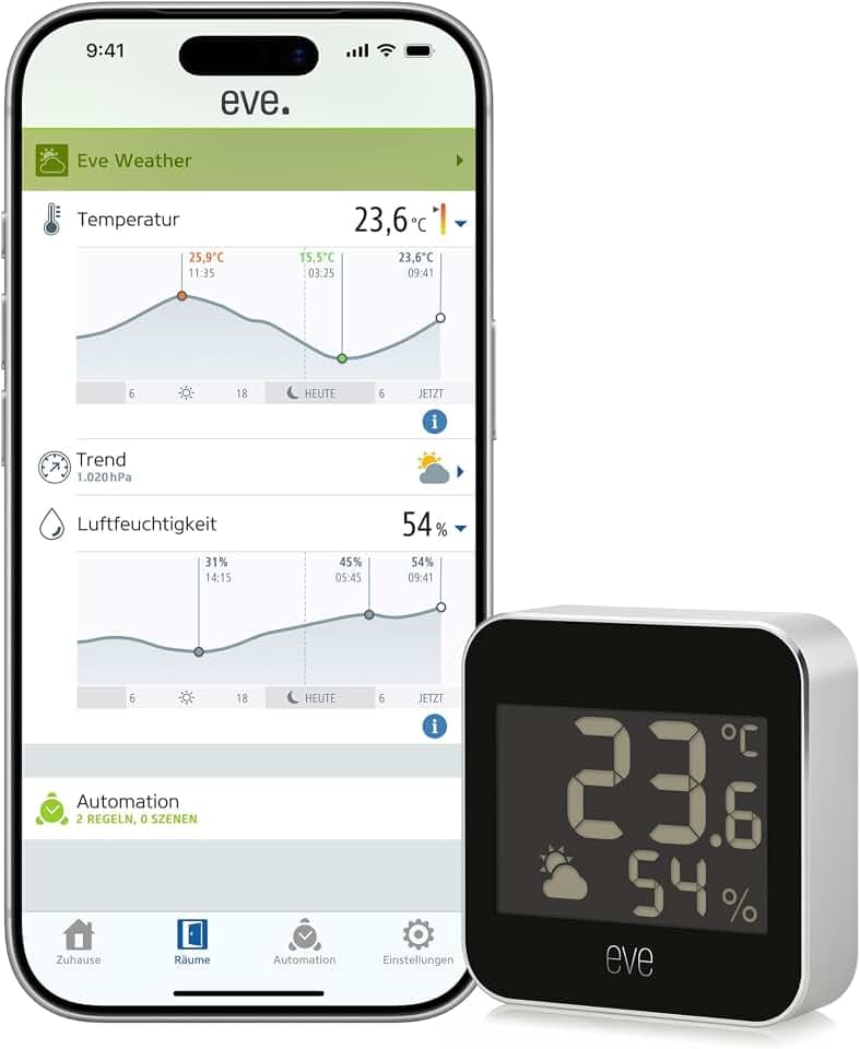 Eve Weather (Matter) – Smarte Wetterstation, Temperatur, Luftfeuchtigkeit, Wettertrend, IPX4-Wasserbeständigkeit, kabellos, Google/Alexa/Siri-Sprachzugriff, Thread Border Router erforderlich, Schwarz