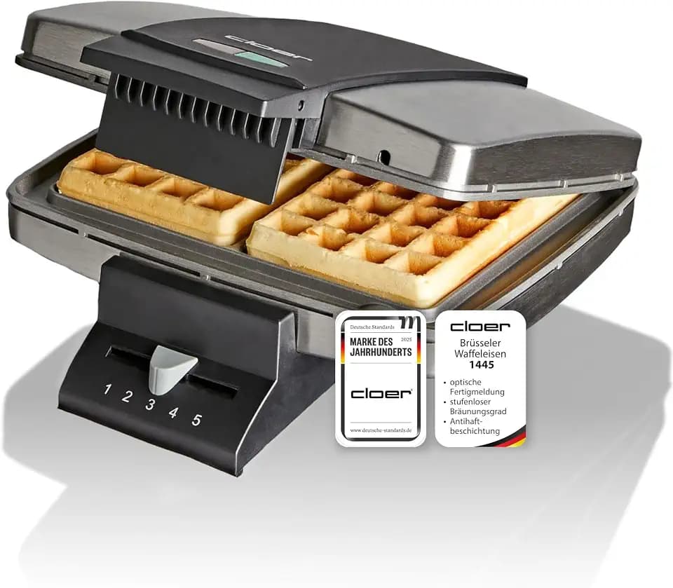 Cloer 1445 Brüsseler Waffeleisen für 2 Belgische Waffeln 9 x 15,5 cm, Duo-Waffeleisen mit Antihaftbeschichtung, stufenlosem Bräunungsgrad und Backampel, mattiertes Edelstahlgehäuse, 930 W