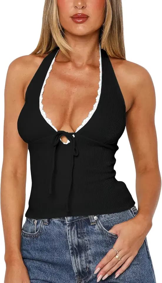 Women's Lace Bow Halter V Neck Backless Tank Tops Cute Summer 2025 Ribbed Going Out Tops