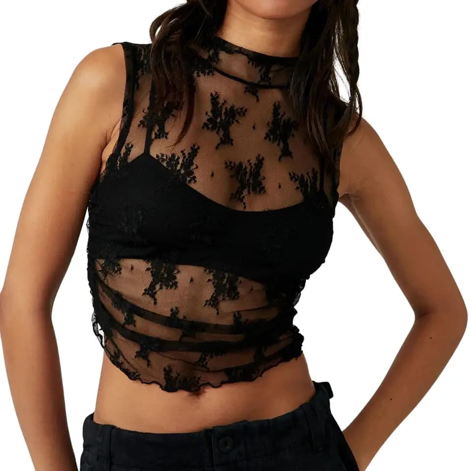 Naileksi Women Sleeveless See Through Lace Mesh Crop Top Mock Neck Ruched Side Slim Fit Floral Sheer Cropped Tank Top