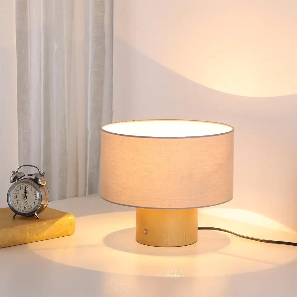 10.6" Tall Modern Wood Table Lamp with Grey Corduroy Shade, Touch Control Beside Lamp, Small Nightstand Lamps for Bedroom Living Room Offcie, Warm Ambient Lighting, UL Listed