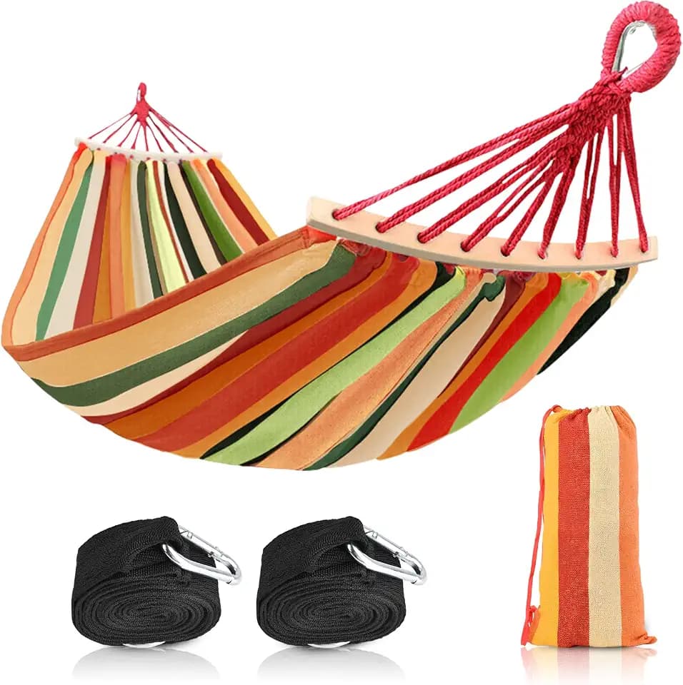 Hängematte 200 x 150cm, Camping Hangematte mit Schwebebalken, Extra große Segeltuch Hängematte Tragbare mit Tragetasche bis 300kg für Hof Garten (Bunt)